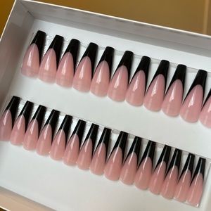 Set of 20 Luxury Handmade Press On Nails New Black French Coffin